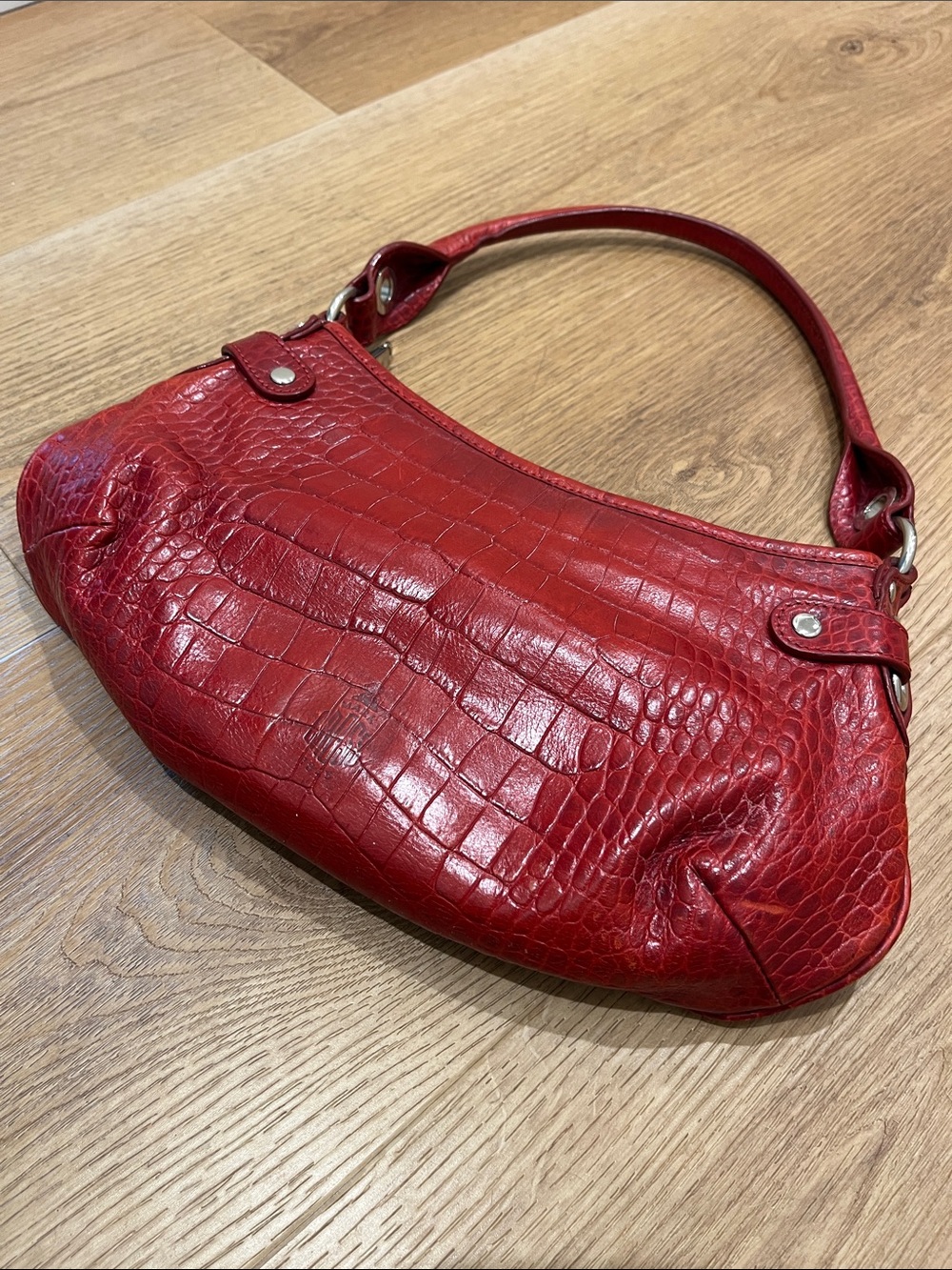 Red Croc-Embossed Leather Shoulder Bag